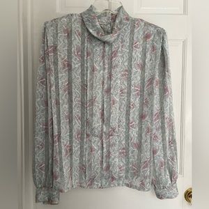 Gorgeous, vintage blouse, pleated front pastel green gray silky by Nicola sz 16